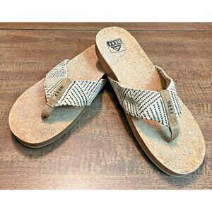 REEF Cushion Strand Flip Flops Beige Woven Fabric Women's 10 Sandals Slides Cork